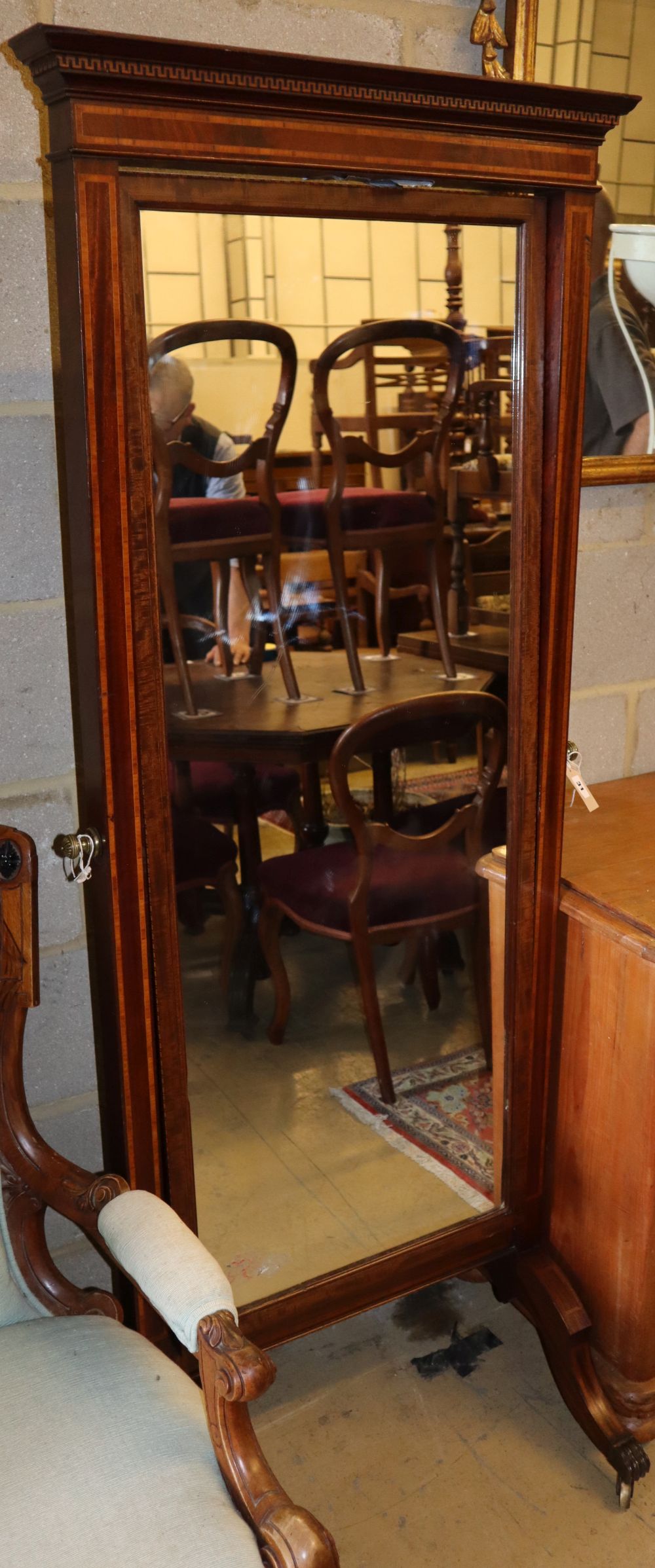 An Edwardian satinwood banded mahogany cheval mirror, W.66cm, H.170cm